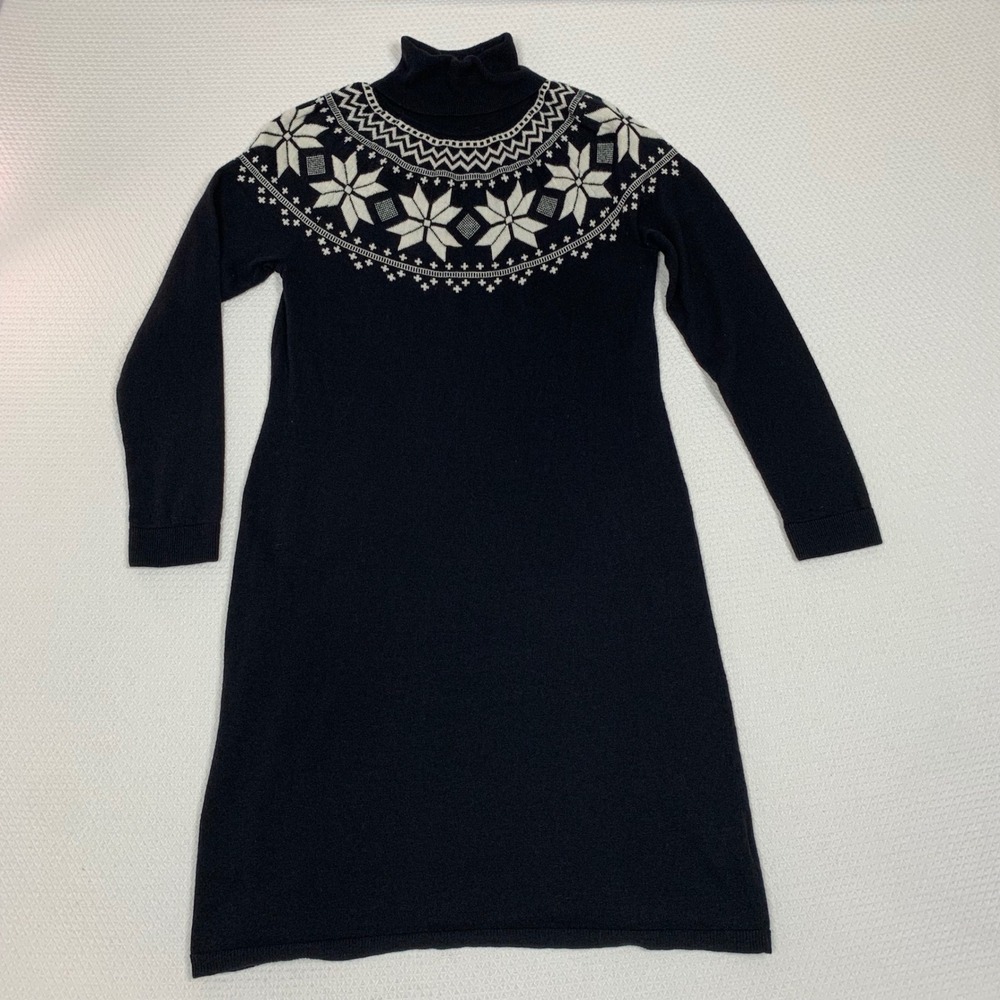 Talbots Petite Fair Isle Sweater Dress MP Womens Black Lambswool Snowflake M